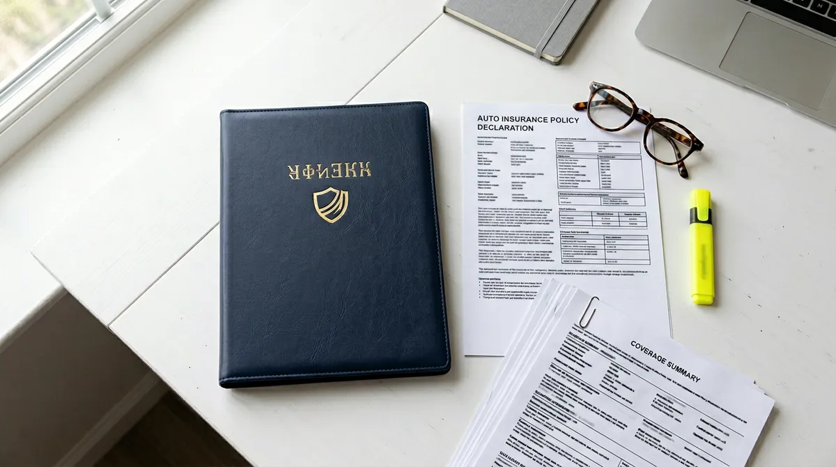 Стол с распечатанными страницами полиса и канцелярскими принадлежностями